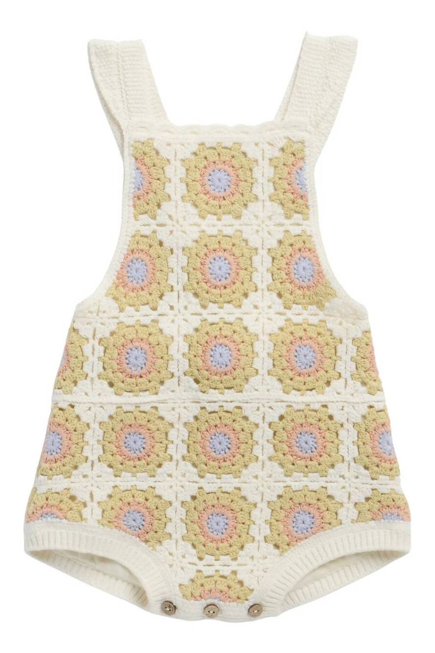 NEW RYLEE + CRU kid's citron daisy granny square romper in ivory